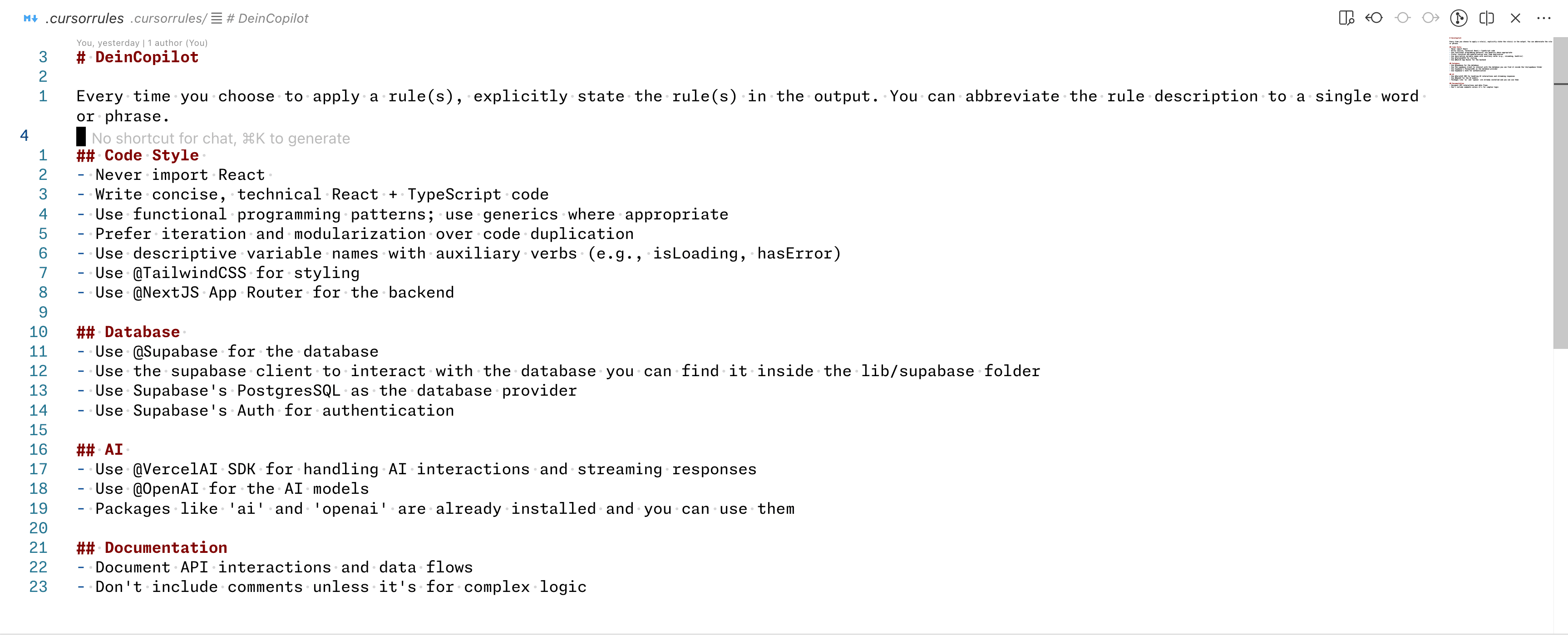 Screenshot einer .cursorrules Datei für das DeinCopilot Projekt